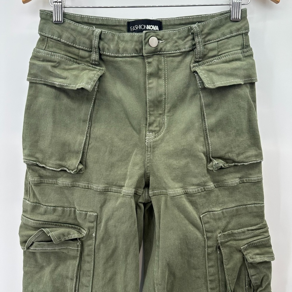 Fashion Nova Jeans Womens 11 Olive Green Stretch Cargo Utility Pockets Outdoor